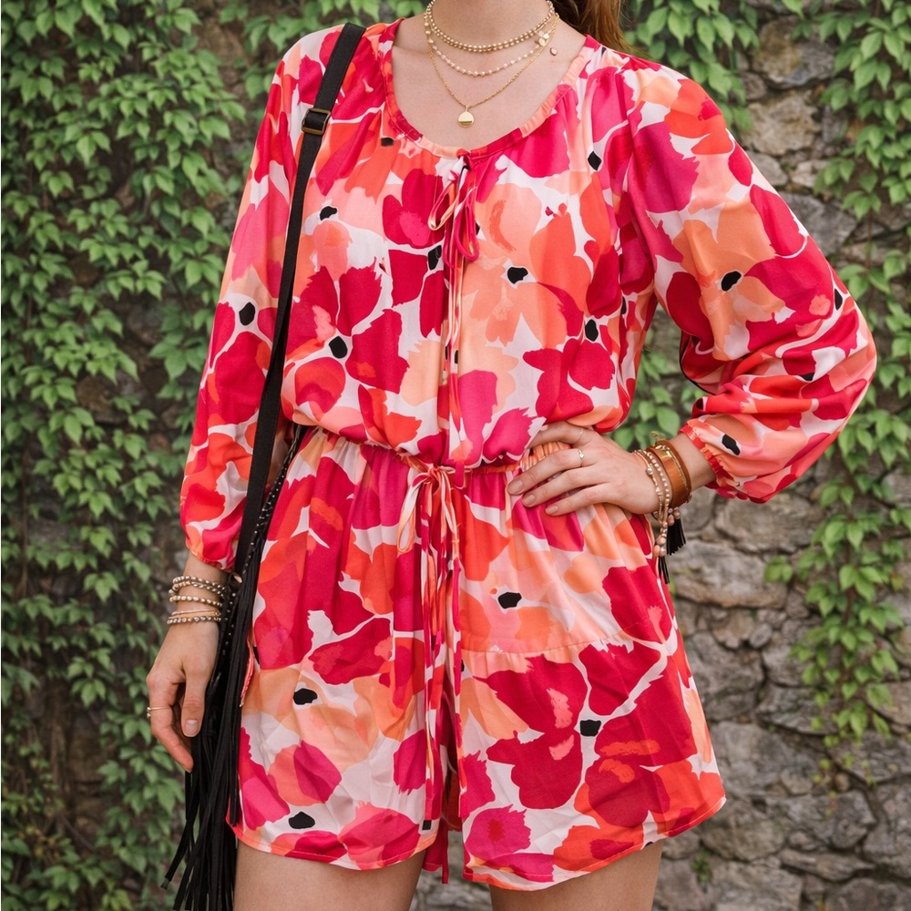 SEMPRE WITH LOVE Pink and Orange Blouson Floral Romper, XL
